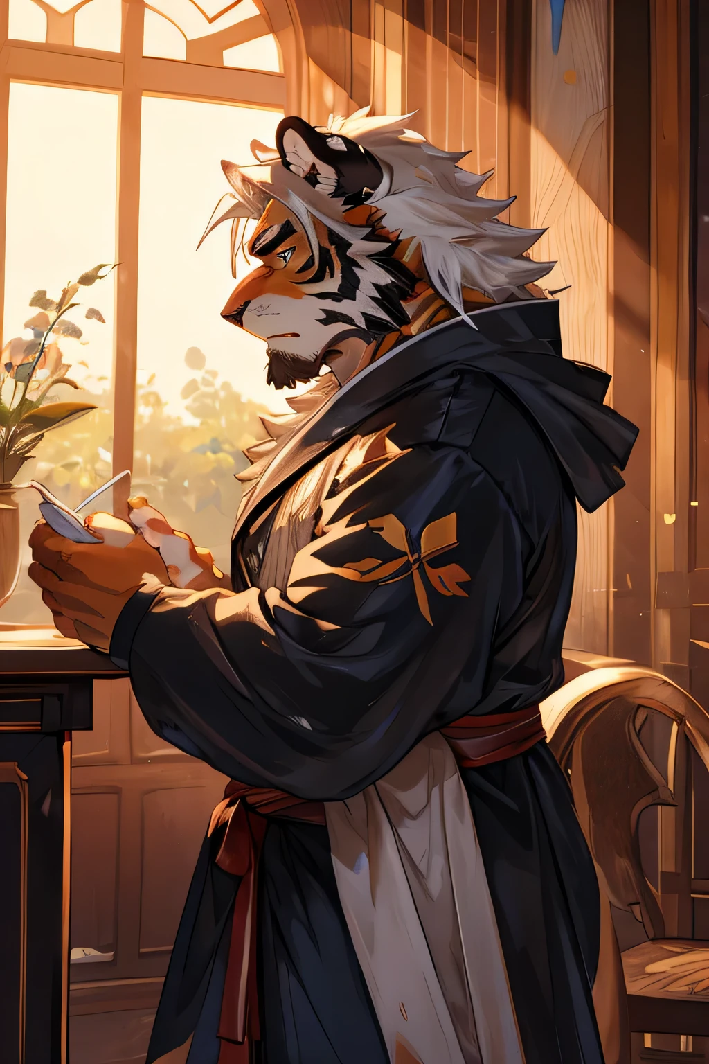 watercolor,Ukiyo-e art,etching,prime time,natural lighting,Sunlight,etching,Kyoto Manga,male,hairy,tiger,white hair,black eyes,golden pupils,Strong body,face close-up,whole body,moody,octave render,High purity shades,high detail,high quality,contour,Bundle hair,godfather,satin clothes,prayer
