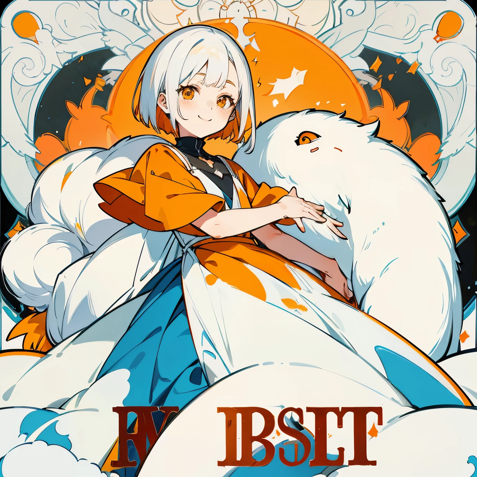 Anime-style white hair, baby face, droopy eyes, orange eyes, full bob hair, looking forward, woman in bright colored dress, smiling