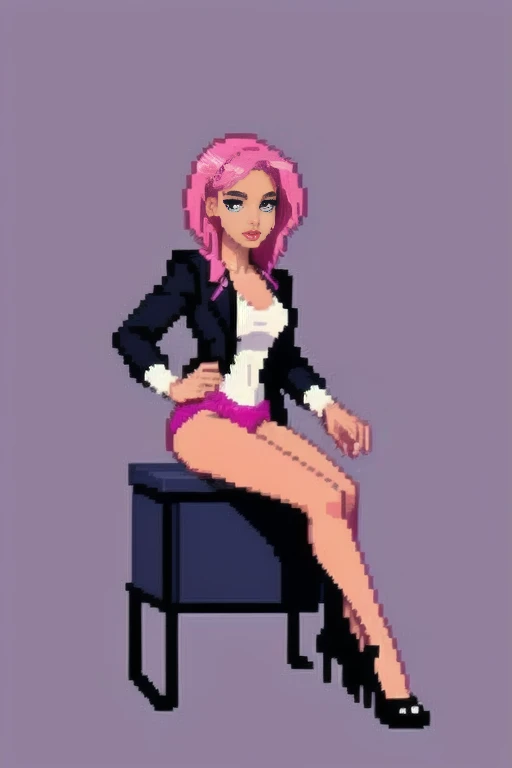 raise your heels, Sit down and show your butt from the front, holding my knees, blazer jacket, long pink hair, cute, Pixel art