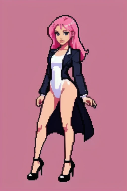 raise your heels, Sit down and show your butt from the front, holding my knees, blazer jacket, long pink hair, cute, Pixel art