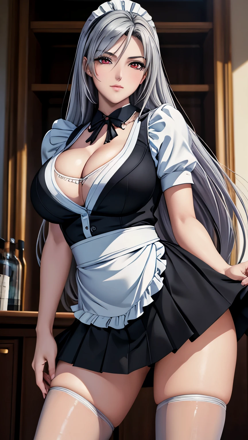 red eyes, (highest quality, masterpiece絵画:1.3), mature woman, 26 years old, (half body shot), masterpiece, ultra high resolution, (Photoreal:1.0), silver hair、straight hair, beautiful shiny hair, white and shining skin, ((Ultra realistic details)), octane rendering, highly detailed face, (big breasts:0.8), ((maid)), (黒maid服),((black mini skirt)), ((A pose that shows off your pussy)), (lift up the skirt), ((very tight pussy)), cleavage, perfect body, soft skin, anime face, perfect face, perfect eyes, looking at the viewer, smart, coffee shop,sharp focus, intricate details, professional artwork, (bright colors:1.1), bright colors, diffused lighting, digital blending, ultra-definition body, ultra detail hair, super detailed face, that'It's trending on pixiv, top button open, shy girl, Cute gaze, compensate, perfect lips, perfect compensate, Ultra-precision coating, (light_smile:0.8), Very embarrassed, blush your nose,