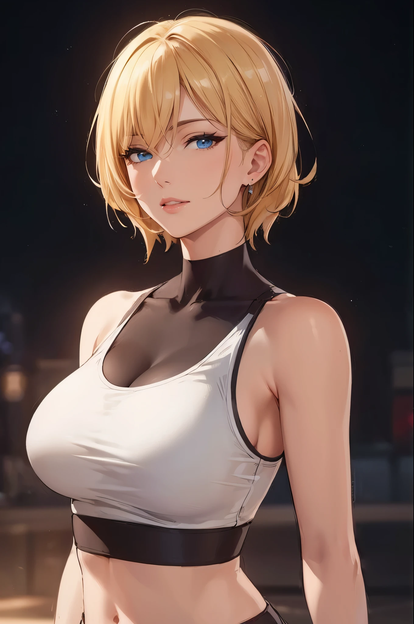 (best quality, highres), portrait, mature woman, blue eyes, long hair, swept-side bang, [[brown hair]], (blonde hair), big breast, high resolution cg 8k, beautiful cg