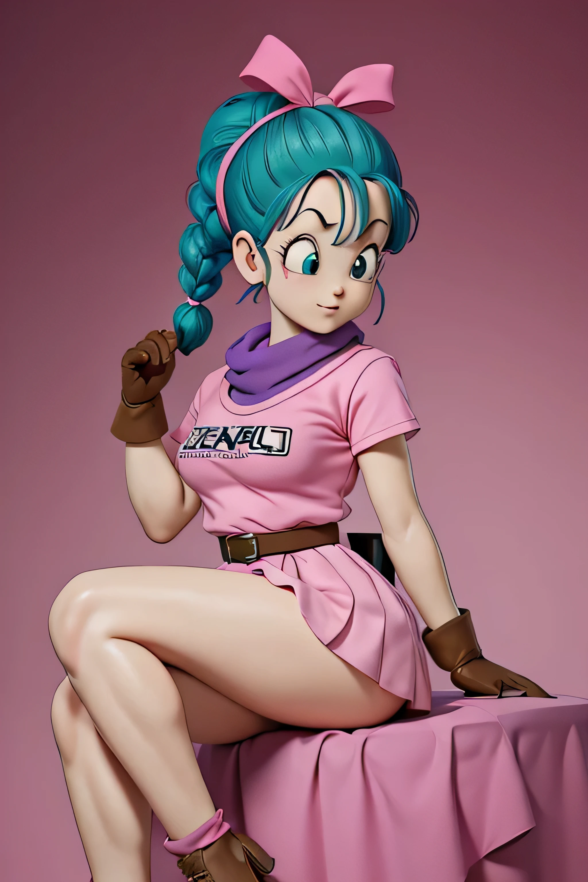 masterpiece, best quality, high resolution, dragon ball, blmpony, aqua hair, hair ribbon, braided ponytail, pink shirt, belt, scarf, pink skirt, clothes writing, brown gloves, medium breasts, in back mini pink dress, sitting, legs crossed, very sexy. CROSING LEGS, SHOW BOOTY