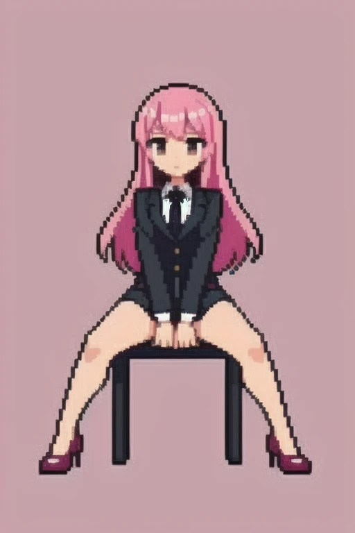 raise your heels, Sit down and show your butt from the front, holding my knees, blazer jacket, long pink hair, cute, Pixel art