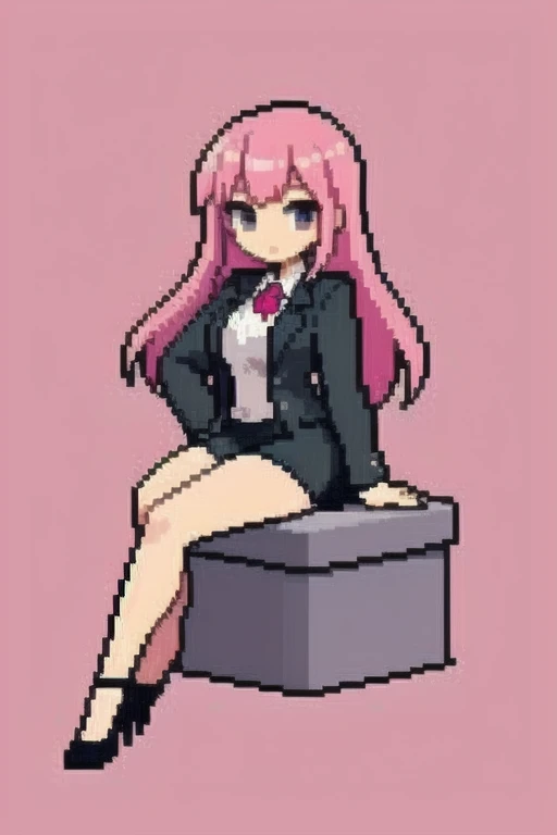raise your heels, Sit down and show your butt from the front, holding my knees, blazer jacket, long pink hair, cute, Pixel art