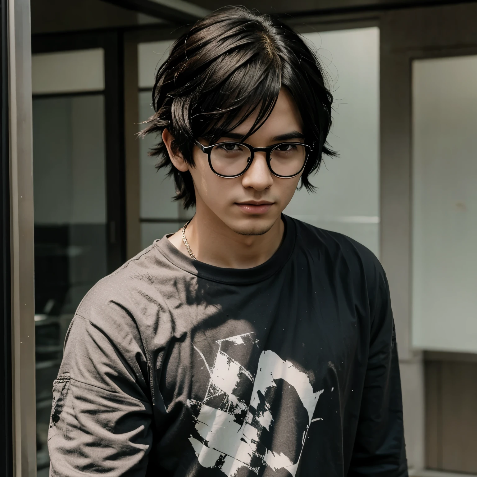 Anime boy with black messy hair with glasses
