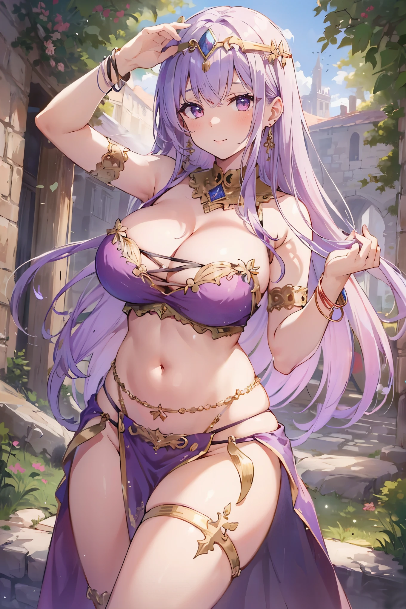 high quality, ultra detailed, best quality, insanely detailed, beautiful, masterpiece, 1girl, garden, medieval Europe, cowboy shot, red eyes, long hair, light purple hair, (belly dancer, harem outfit, pelvic curtain:1.2), purple costume, bare legs, circlet, earrings, armlets, bracelets, bashful smile, dancing, large breasts, cleavage, soft stomach