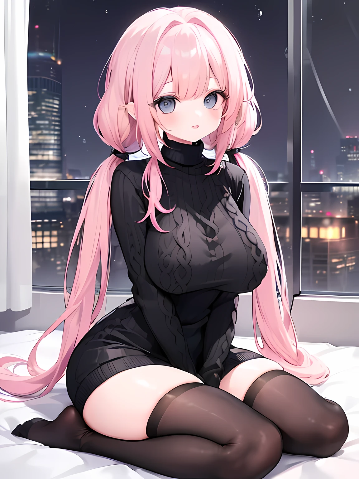 masterpiece,highest quality,(Super detailed),written boundary depth,perfect sentence, Detailed CG,Super detailed,(highly detailed eyes,very cute face,highly detailed face:1.3),beautiful anime girl,(solo girl:1.9),(super huge breasts:1.7),(pink hair,low twin tails:1.5),(light blue eyes:1.3),(smile full of joy),open your mouth,show viewer,break,(black high neck sweater dress:1.5),hot pants,knee high socks,zettai ryouiki,Bedroom,Snow is falling outside the window,night,dark room,candle,break,sitting,dynamic pose,(whole body:1.2)