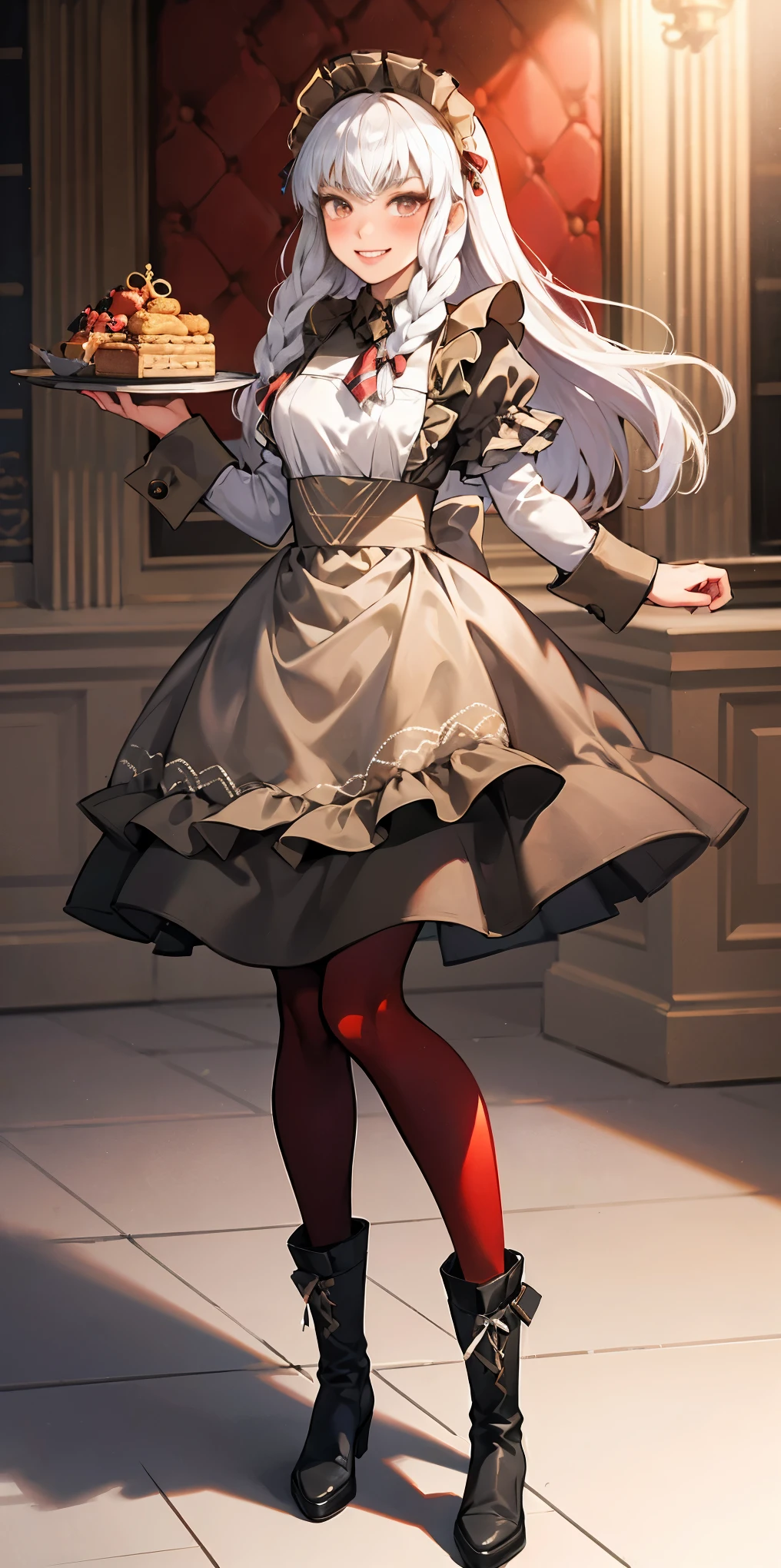 full body standing straight symmetrical, lustful smirking smile face red blush red cheeks, looking at viewer, holding tray, braid, maid headdress, maid, dress, apron, long sleeves, brown pantyhose, long leather militar boots, thighs, long white hair, masterpice