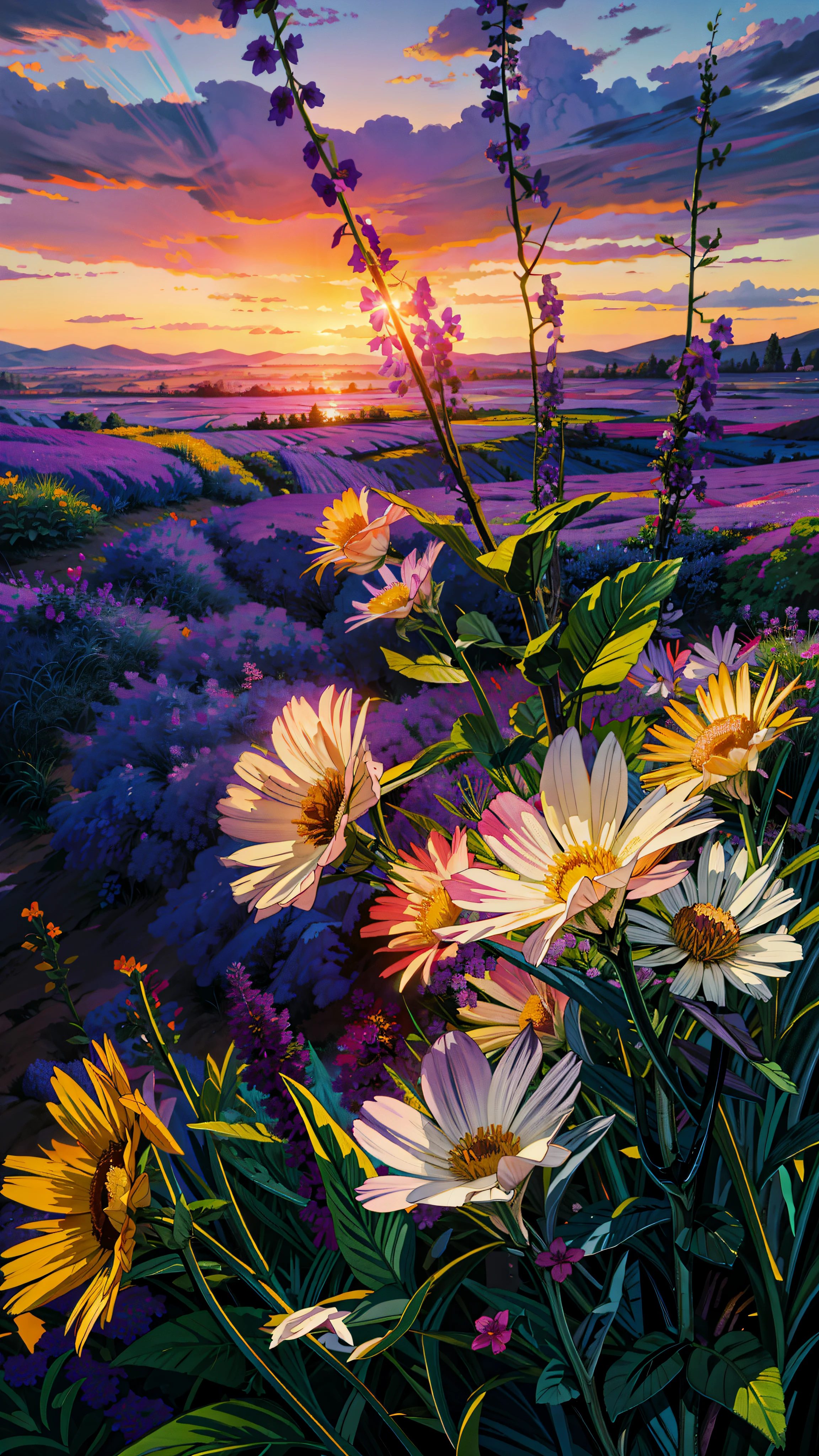 Painting of a bunch of flowers sitting on top of a lush green field, floral sunset, violet and yellow sunset, magical colorful flowers, beautiful composition 3 - d 4 k, lilac sunrays, lavender flowers, detailed fields nature, flowers background, field of fantasy flowers, beautiful large flowers, beautiful flowers, colorful flowers, sunset warm spring, purple flowers, fields of flowers, 4k hd,, beautiful art uhd 4 k, a beautiful artwork illustration, beautiful digital painting, highly detailed digital painting, beautiful digital artwork, detailed painting 4 k, very detailed digital painting, rich picturesque colors, gorgeous digital painting, no human