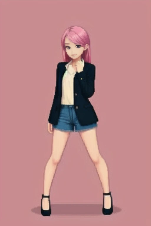raise your heels, Sit down and show your butt from the front, holding my knees, blazer jacket, long pink hair, cute, Pixel art