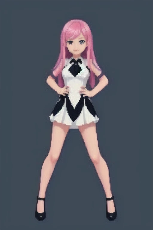 raise your heels, Sit down and show your butt from the front, holding my knees, blazer jacket, long pink hair, cute, Pixel art