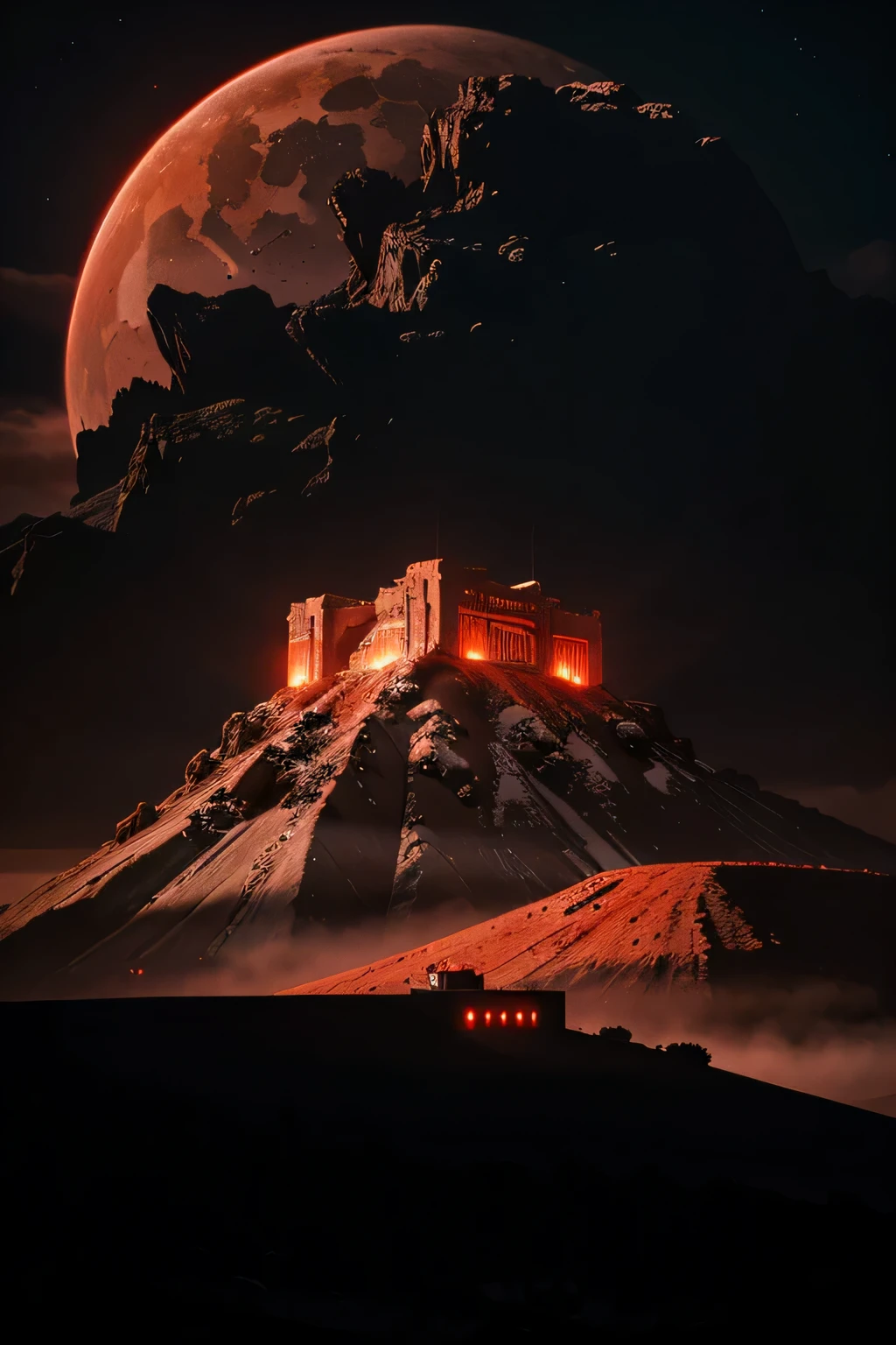 sci-fi crimson red volcanic fortress, cyberpunk