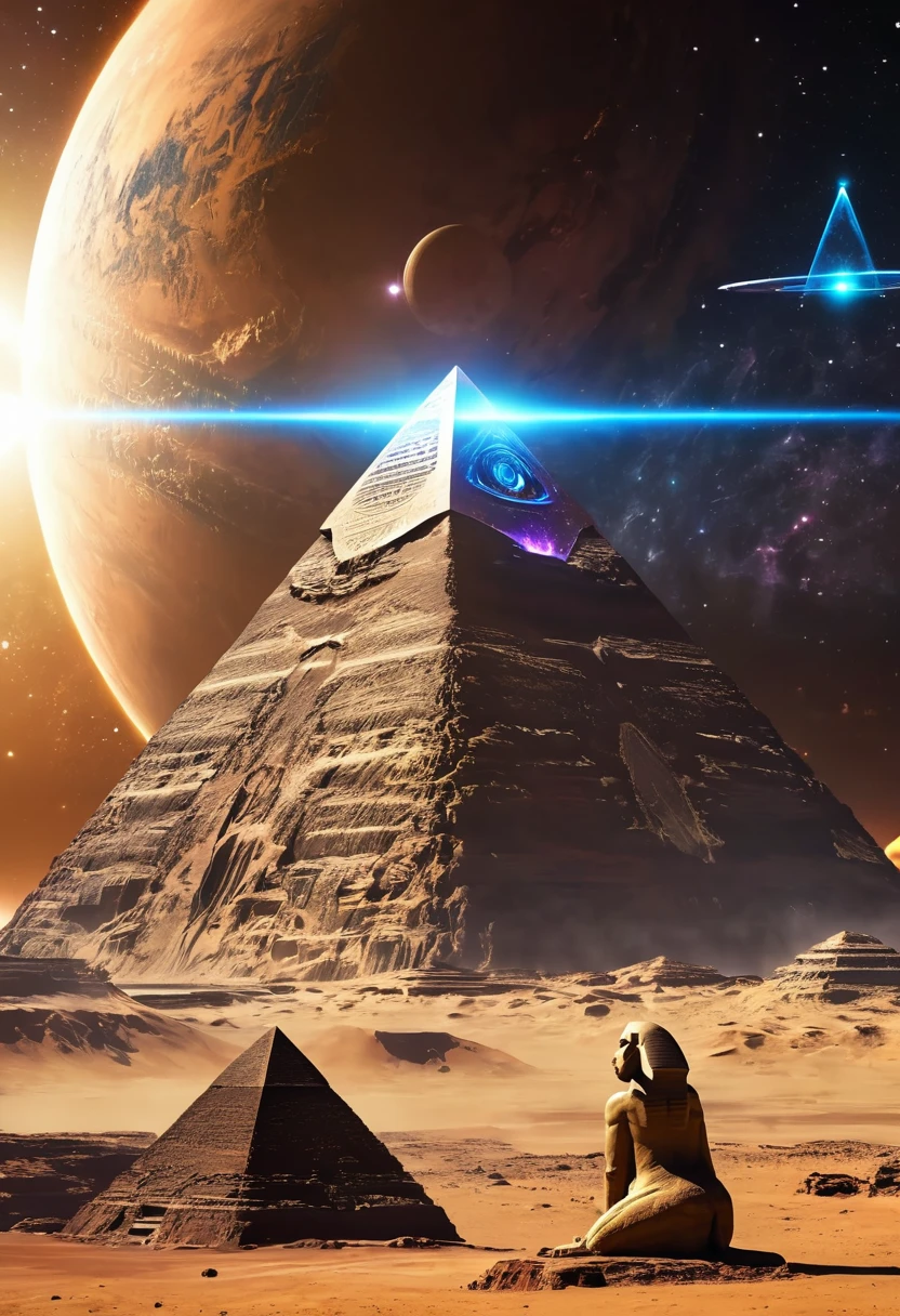 Crystal pyramid and sphinx of aliens from the future, god ra and anubis, orbit a planet, background is nebula and stars, masonic signs, illuminati signs, planet Mars and saturn in the background, UHD, 8k, realistic, Mysterious