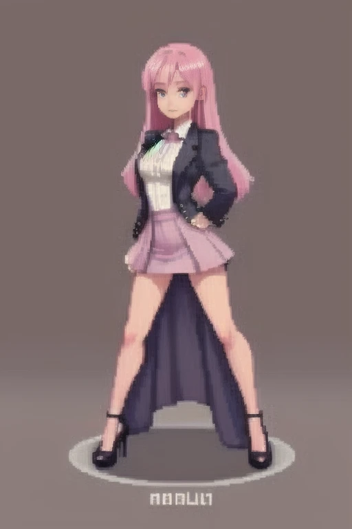 raise your heels, Sit down and show your butt from the front, holding my knees, blazer jacket, long pink hair, cute, Pixel art
