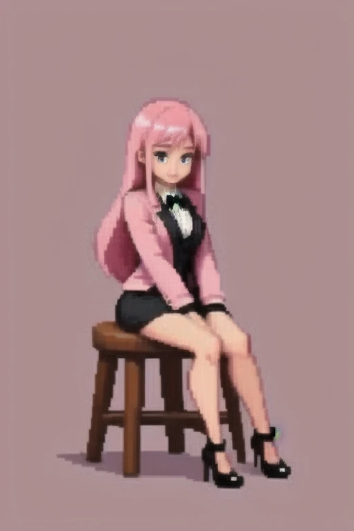 raise your heels, Sit down and show your butt from the front, holding my knees, blazer jacket, long pink hair, cute, Pixel art