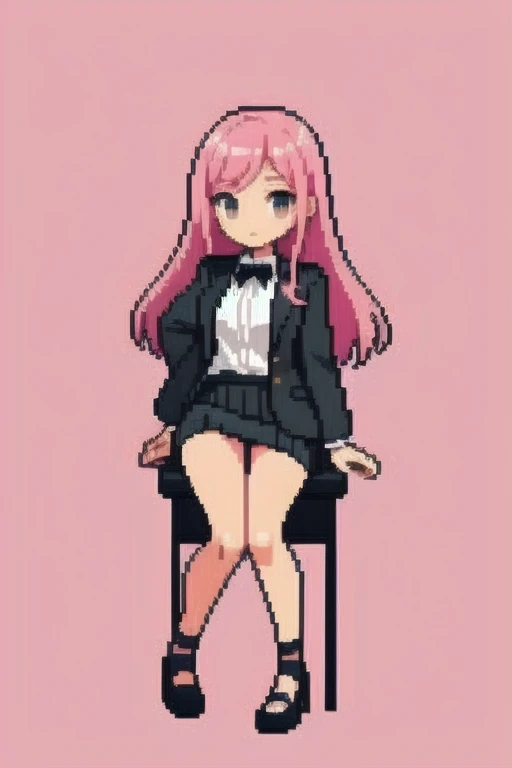 raise your heels, Sit down and show your butt from the front, holding my knees, blazer jacket, long pink hair, cute, Pixel art