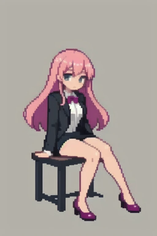 raise your heels, Sit down and show your butt from the front, holding my knees, blazer jacket, long pink hair, cute, Pixel art