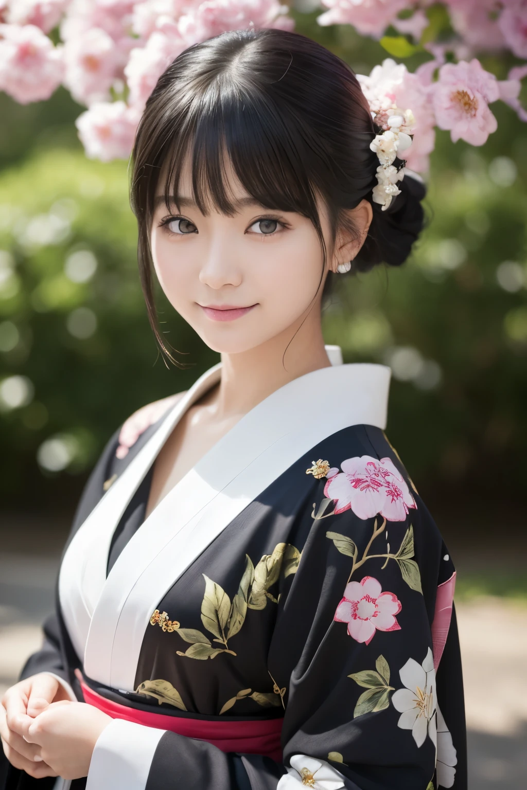 (kimono)、Random pose、(top quality,Masterpiece:1.3,ultra high resolution,),(super detailed,Caustics),(realism:1.4,Original photography,)Ultra-realistic capture,a very detailed,High resolution 16k human skin closeup、 natural skin texture、、Skin looks healthy and even-toned、 Use natural light and color,1 girl,Japanese,kawaii,A black-haired one,Zhongfa,,Smile,,(depth of field、Color difference、、Wide lighting range、natural shadow、)、Half-length photo