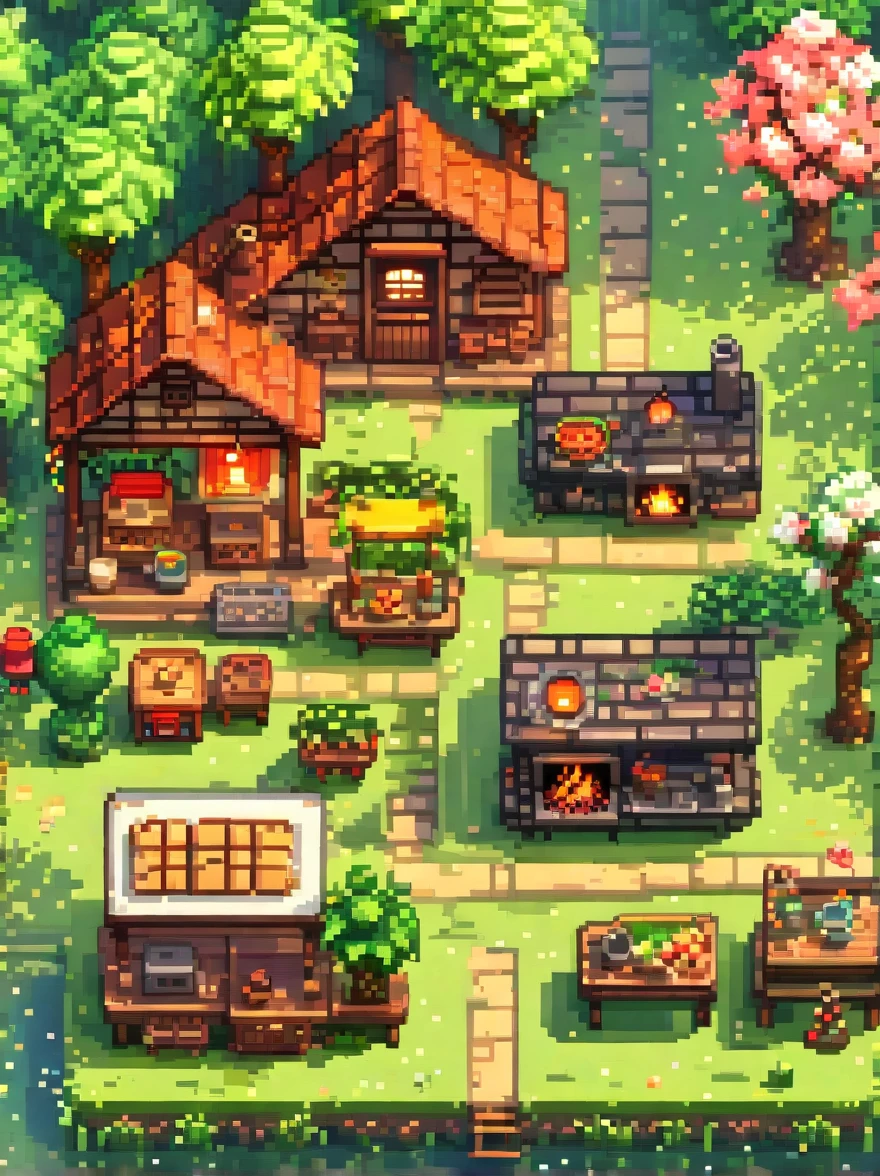 Create a miniature image in a cute pixel art style world，Includes a spring campsite，Have family、dog、peach blossom、car、Barbecue grill and spring landscape。The scene should be rendered with lights，Using techniques and styles reminiscent of Pixar animation。sudden pixel art nature，4K resolution images。Emphasis on mood lighting with warm light，and frame the shot as a long or super long shot，to capture a wide range of detail and atmosphere。