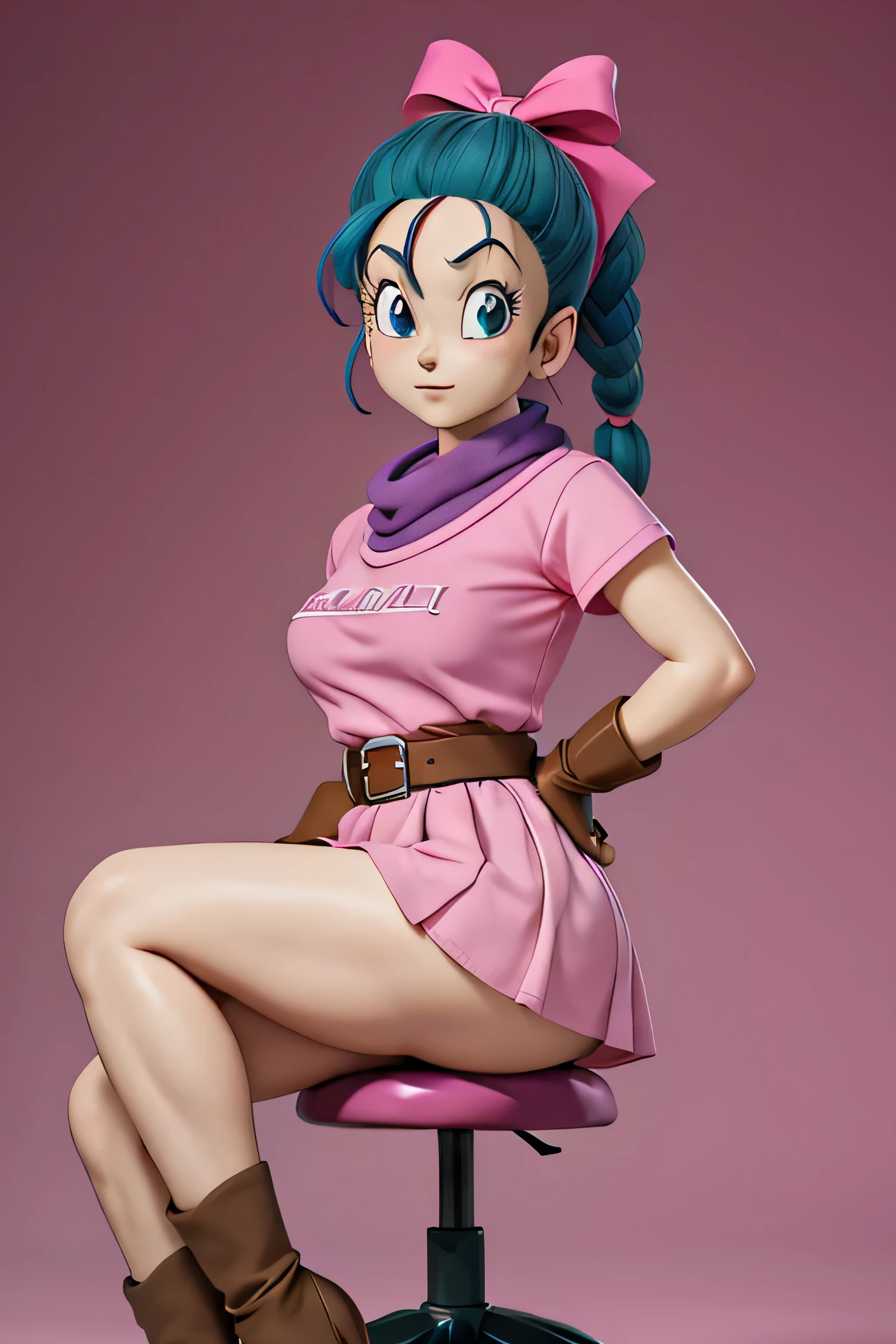 masterpiece, best quality, high resolution, dragon ball, blmpony, aqua hair, hair ribbon, braided ponytail, pink shirt, belt, scarf, pink skirt, clothes writing, brown gloves, medium breasts, in back mini pink dress, sitting, legs crossed, very sexy. CROSING LEGS, SHOW BOOTY