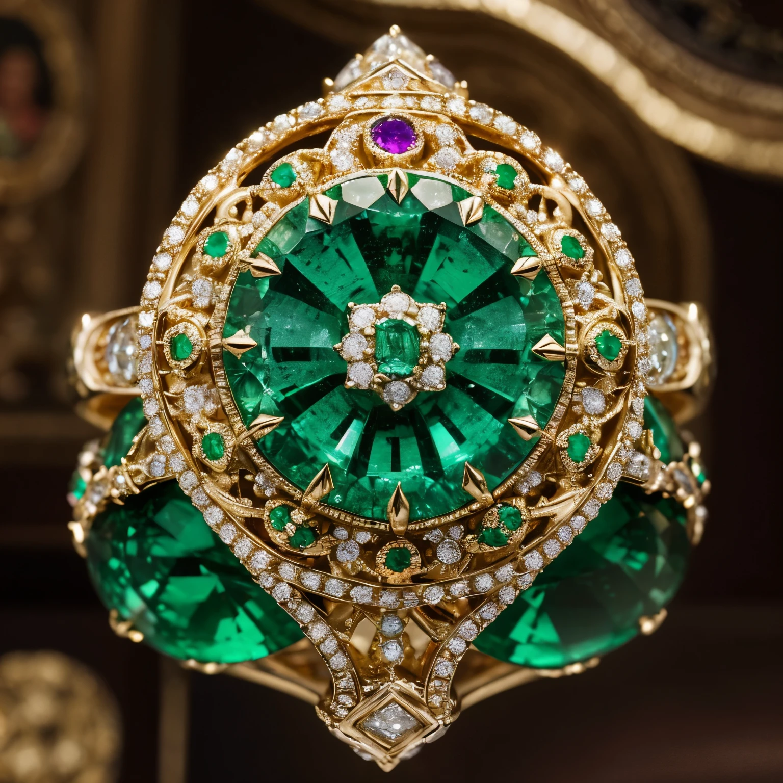 An opulent emerald masterpiece, a surreal fusion of Salvador Dali's surrealism and Gustav Klimt's opulence, where each facet of the ring holds a universe of intricate jewels that shimmer with a rainbow of colors and shapes.