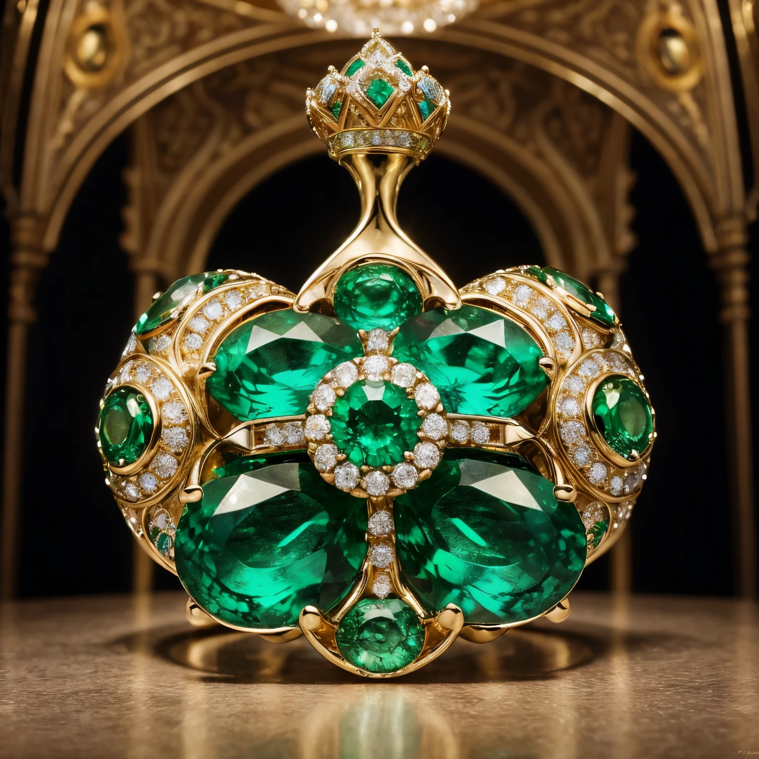 An opulent emerald masterpiece, a surreal fusion of Salvador Dali's surrealism and Gustav Klimt's opulence, where each facet of the ring holds a universe of intricate jewels that shimmer with a rainbow of colors and shapes.