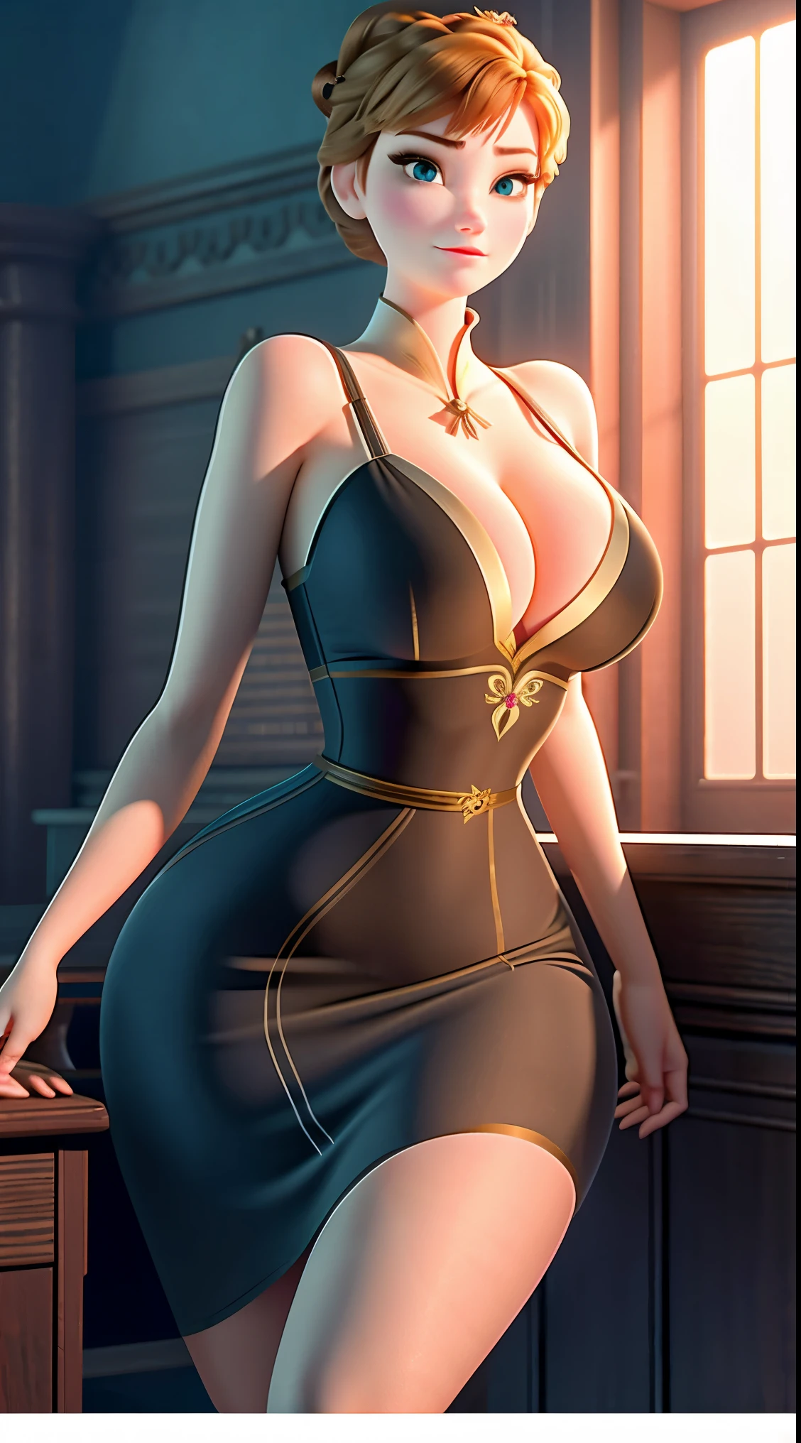 Photo of Anna of Arendelle as a teacher, teacher, teacher clothes, mini dress, Anna from Disney Frozen movie, tall and sexy, superb face, perfect body, provocative, Nice, show breasts, huge breasts, tall, sexy legs, bursting huge breasts, wide hips, busty, sexy, enormous breasts, happy.