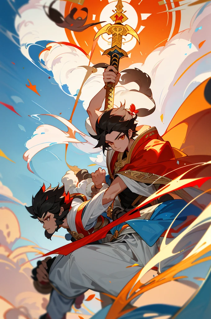 Cartoon monkey with a sword and cape, riding gracefully on a fluffy, cotton-like cloud, inspired by the intricate and vivid concept art style of Li Kan. This artwork, showcased on ArtStation, shines as a prime example of sots art, with Sun Wukong, the revered Monkey King from Chinese mythology, and his counterpart Nezha from Smite or Asura, taking center stage. Dressed in regal clothing, including a cape flowing in the wind and brandishing a gleaming sword, our monkey hero exudes an aura of strength and grace. This humanoid monkey fantasy race, known as Bian Lian, is a testament