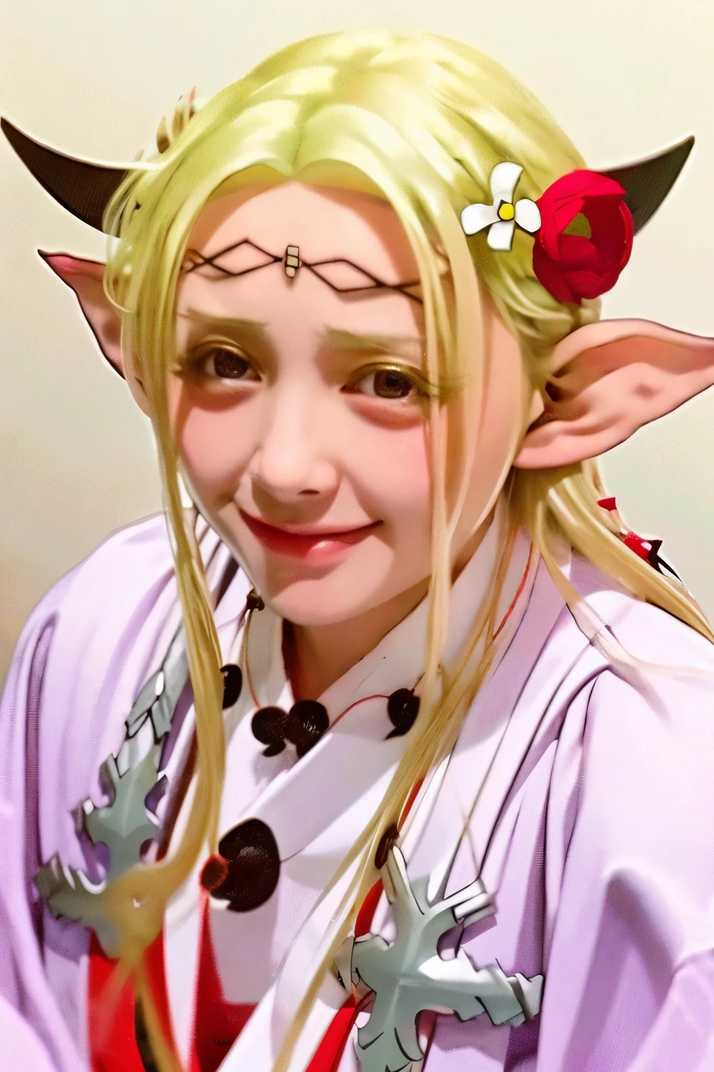 alone, 1 girl, highest quality, masterpiece, Cook, smile, open your mouth, blonde hair, hair ornaments, red eyes, flower, kimono, pointed ears, hair flower, wide sleeve, goblin, circlet, Miko