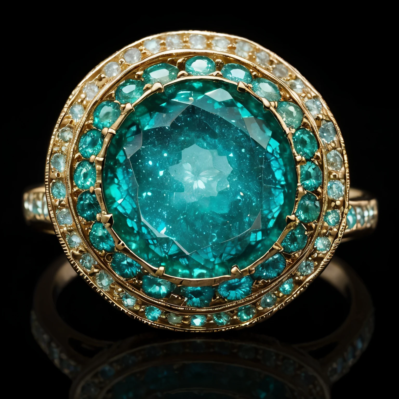 A celestial emerald ring, inspired by Vincent van Gogh's ethereal landscapes, where the nested compartments of the ring unfold like a cosmic labyrinth, each facet revealing a unique and mesmerizing jewel that sparkles with cosmic fire.