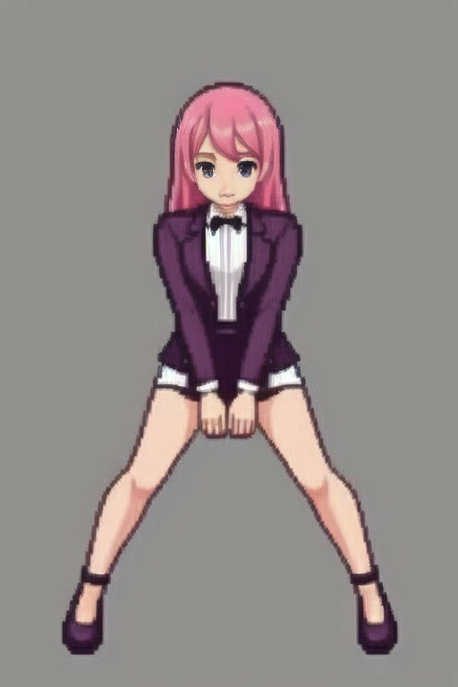 raise your heels, Sit down and show your butt from the front, holding my knees, blazer jacket, long pink hair, cute, Pixel art