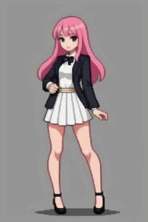 raise your heels, Sit down and show your butt from the front, holding my knees, blazer jacket, long pink hair, cute, Pixel art
