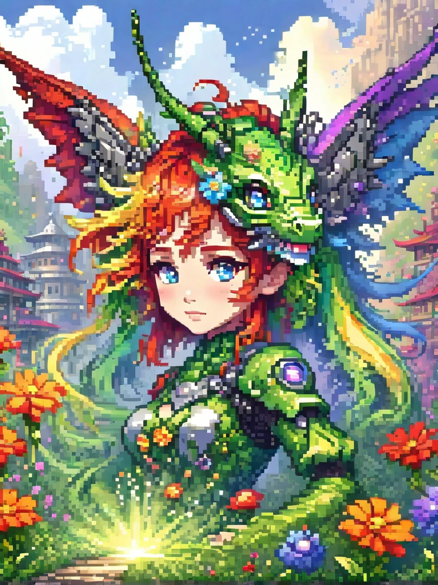(pixel art:1.5)，(Picture of a mecha fairy resting in a rainbow-colored flower meadow)，whole body，Exquisite and beautiful（Super fine、masterpiece、best quality：1.4）Female Mecha Fairy，dynamic angle（Thinnest、masterpiece、best quality）、Best detailed face（most detailed，masterpiece，best quality：1.5），ultra-feminine（most detailed，masterpiece，best quality），Dragon Wings，Red hair，long hair，braid，Dynamic eye color，（Wearing a mecha：1.4），Rest in（Rainbow colored flower meadow：1.6），Full Color，（perfect spectrum：1.3），（Vibrant work：1.4）vibrant red，orange color，，green，blue，indigo，purple daylight，Sun rise，high detail，fantasy art, RPG 艺术best quality, 16k, [Super detailed], masterpiece, best quality, whole body, ultra wide angle lens, Realism, Mecha girl, anatomically correct, textured skin, high detail, 8k