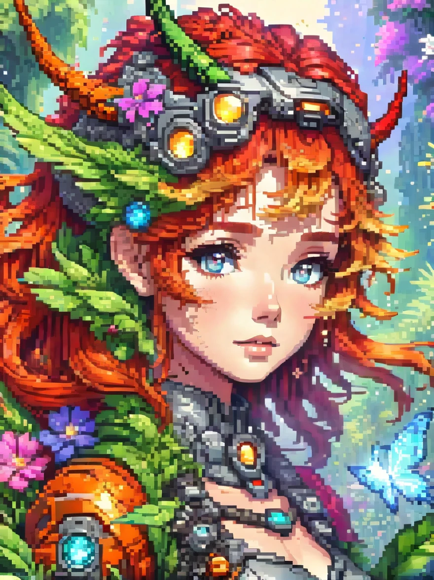 (pixel art:1.5)，(Picture of a mecha fairy resting in a rainbow-colored flower meadow)，whole body，Exquisite and beautiful（Super fine、masterpiece、best quality：1.4）Female Mecha Fairy，dynamic angle（Thinnest、masterpiece、best quality）、Best detailed face（most detailed，masterpiece，best quality：1.5），ultra-feminine（most detailed，masterpiece，best quality），Dragon Wings，Red hair，long hair，braid，Dynamic eye color，（Wearing a mecha：1.4），Rest in（Rainbow colored flower meadow：1.6），Full Color，（perfect spectrum：1.3），（Vibrant work：1.4）vibrant red，orange color，，green，blue，indigo，purple daylight，Sun rise，high detail，fantasy art, RPG 艺术best quality, 16k, [Super detailed], masterpiece, best quality, whole body, ultra wide angle lens, Realism, Mecha girl, anatomically correct, textured skin, high detail, 8k