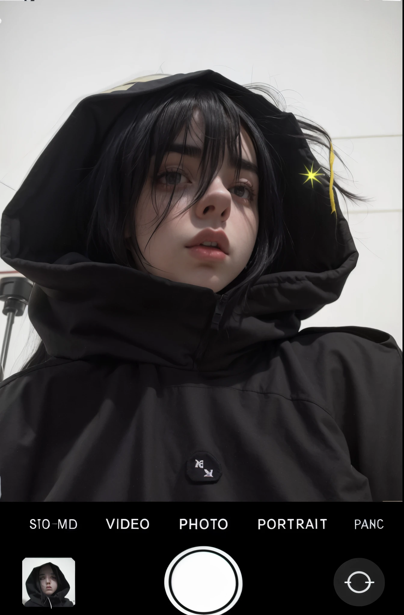 Arafed image of a woman with a hood and a camera., black haired chica con sudadera con capucha, usando una capucha oscura, capucha y sombras que cubren la cara, Dua Lipa, chica con sudadera con capucha, Capucha negra, in a Capucha negraie, billie eilish como monja, billie eilish, wearing an oversized hoodie, oversized black clothes, charli xcx