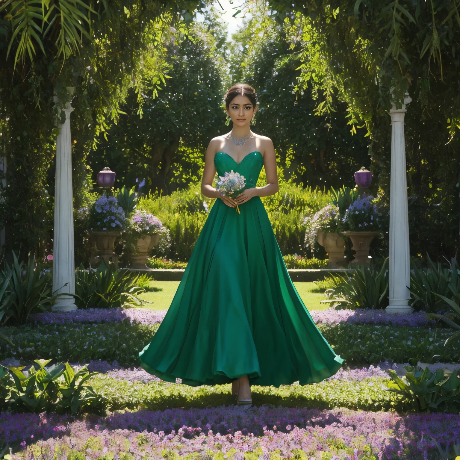 A majestic emerald solitaire, reminiscent of the vibrant hues of Claude Monet's water lilies, transformed into a surreal garden of jewels where each compartment holds a blooming flower of kaleidoscopic gems that dance in the light.