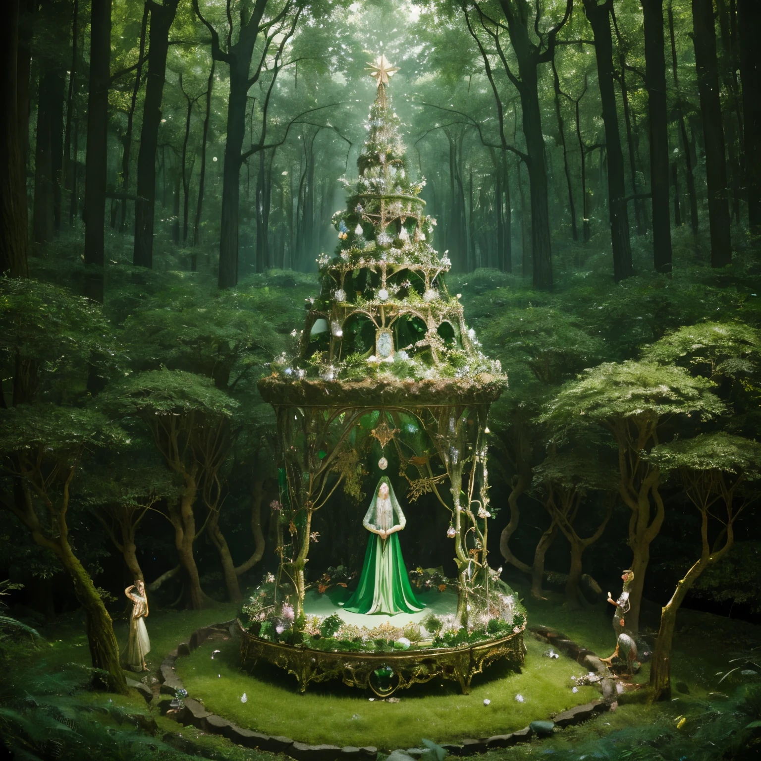 An emerald ring transformed into a fantastical forest of jewels, inspired by the dreamlike landscapes of Hieronymus Bosch, where each facet reveals a hidden realm of whimsical creatures and enchanted flora.