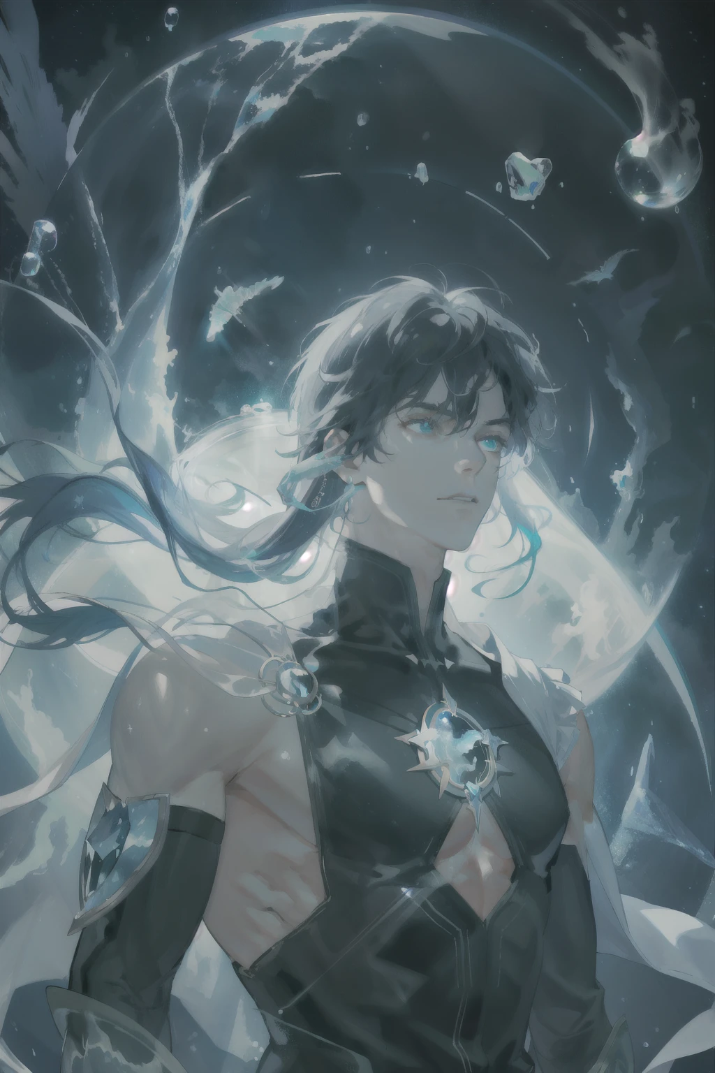 (1 man),(masterpiece), (work of art), (amazing work), (detailed eyes), (blue skin),(multicolored), (long black hair), (sparkling eyes), (1man),),best quality, full body, expressive eyes, perfect face,blue hair, gray skin, blue skin, handsome, slime, fighter