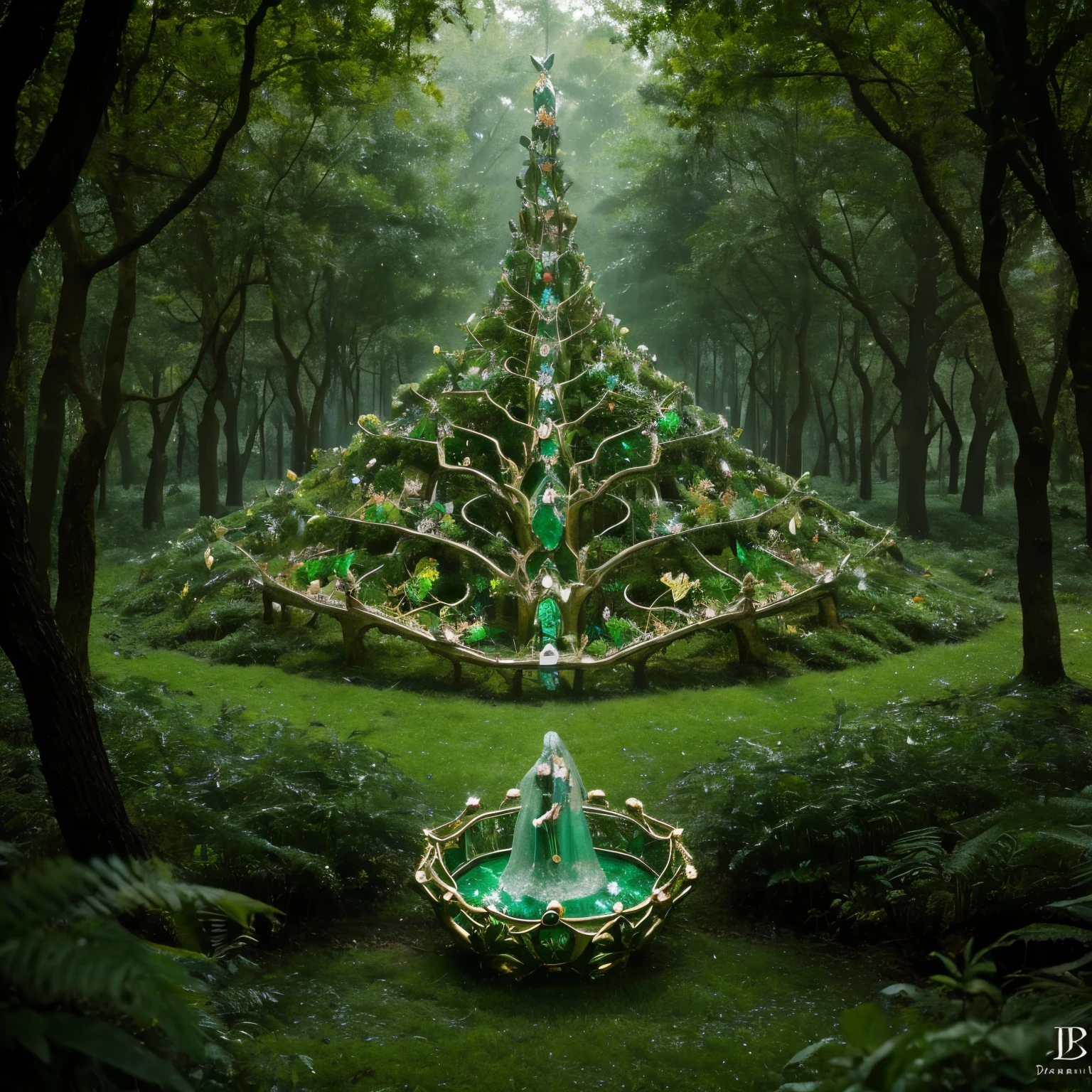 An emerald ring transformed into a fantastical forest of jewels, inspired by the dreamlike landscapes of Hieronymus Bosch, where each facet reveals a hidden realm of whimsical creatures and enchanted flora.
