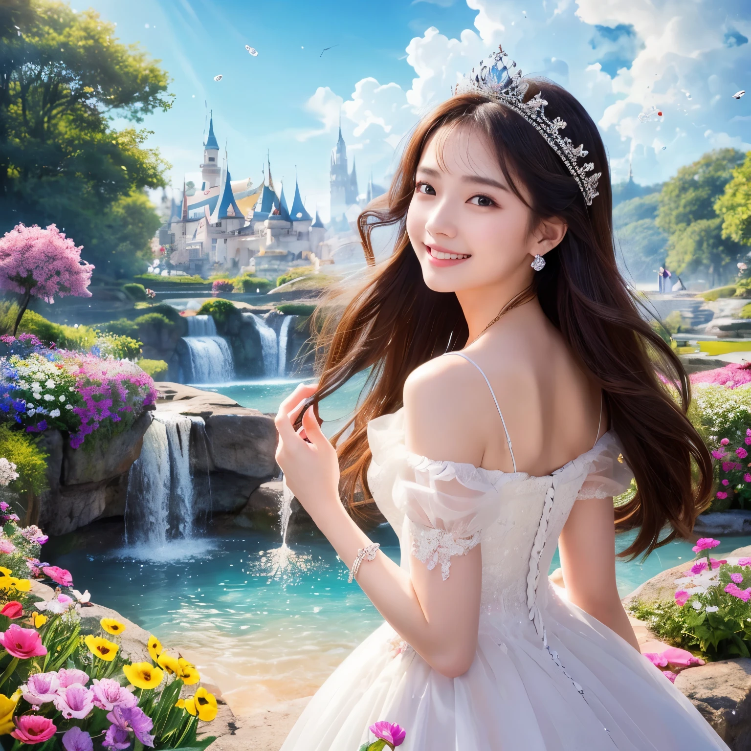 (highest quality、table top、8k、best image quality、hyper realism)、Princess、highly detailed face、upper body photo、(look at me最大の笑顔、the happiest smile), look at me、long hair fluttering in the wind, (Colorful flower garden、colorful flower garden in heaven), (The finest pure white princess dress:1.1)、accurate anatomy、fairy tale atmosphere、fairy tale sparkle、sacred waterfall、very clear beautiful water、sparkling beautiful water、beautiful colorful flowers、(A paradise filled with all the mysteries of beautiful nature、A treasure trove of beautiful nature、mysterious and fantastic heaven)、radiant beautiful skin、(very bright and vivid:1.1)、(Super high-definition beautiful skin that shines brightly;1.1)