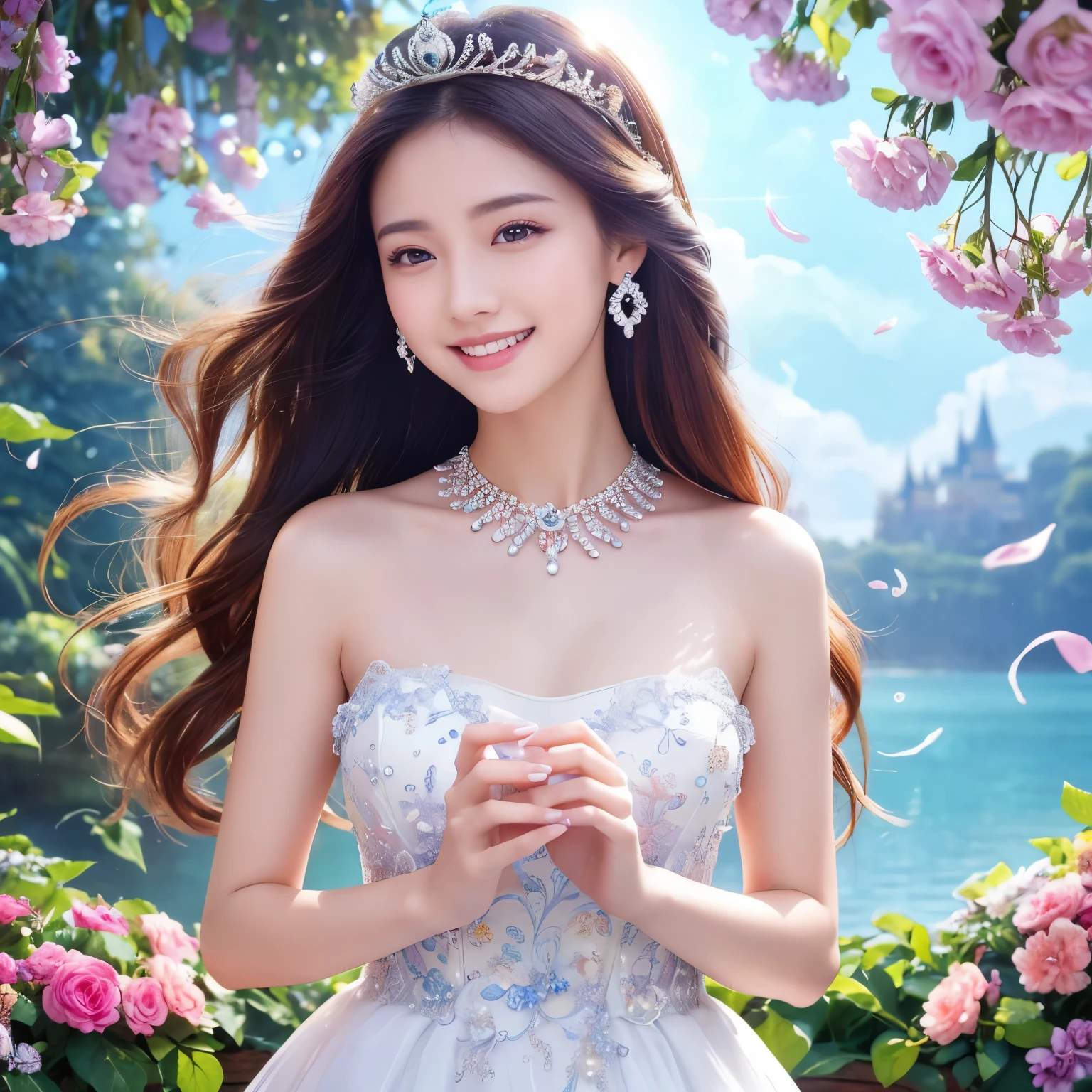 (highest quality、table top、8k、best image quality、hyper realism)、Princess、highly detailed face、upper body photo、(look at me最大の笑顔、the happiest smile), look at me、long hair fluttering in the wind, (Colorful flower garden、colorful flower garden in heaven), (The finest pure white princess dress:1.1)、accurate anatomy、fairy tale atmosphere、fairy tale sparkle、sacred waterfall、very clear beautiful water、sparkling beautiful water、beautiful colorful flowers、(A paradise filled with all the mysteries of beautiful nature、A treasure trove of beautiful nature、mysterious and fantastic heaven)、radiant beautiful skin、(very bright and vivid:1.1)、(Super high-definition beautiful skin that shines brightly;1.1)