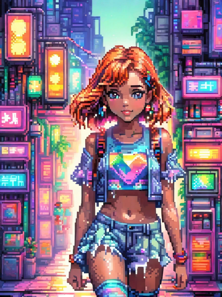 (pixel art:1.5)，(Neon lights)，(circuit boards)，Girl in cartoon style，whole body，summer fashion clothing，candy colored clothes，fashion illustration，Vibrant colors，Neon realism，Grinning，bright colors，Smooth and fine，Super details，Ultra-detailed，8K