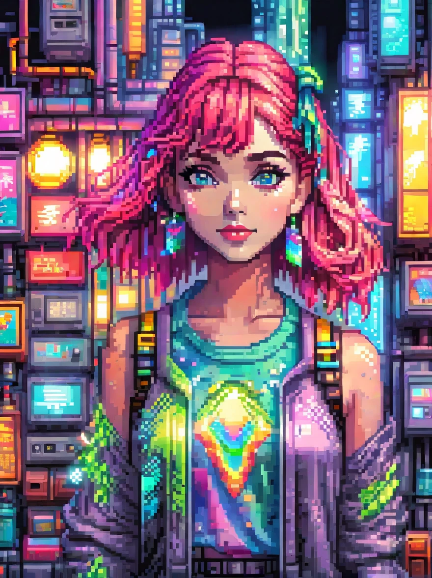 (pixel art:1.5)，(Neon lights)，(circuit boards)，Girl in cartoon style，whole body，summer fashion clothing，candy colored clothes，fashion illustration，Vibrant colors，Neon realism，Grinning，bright colors，Smooth and fine，Super details，Ultra-detailed，8K