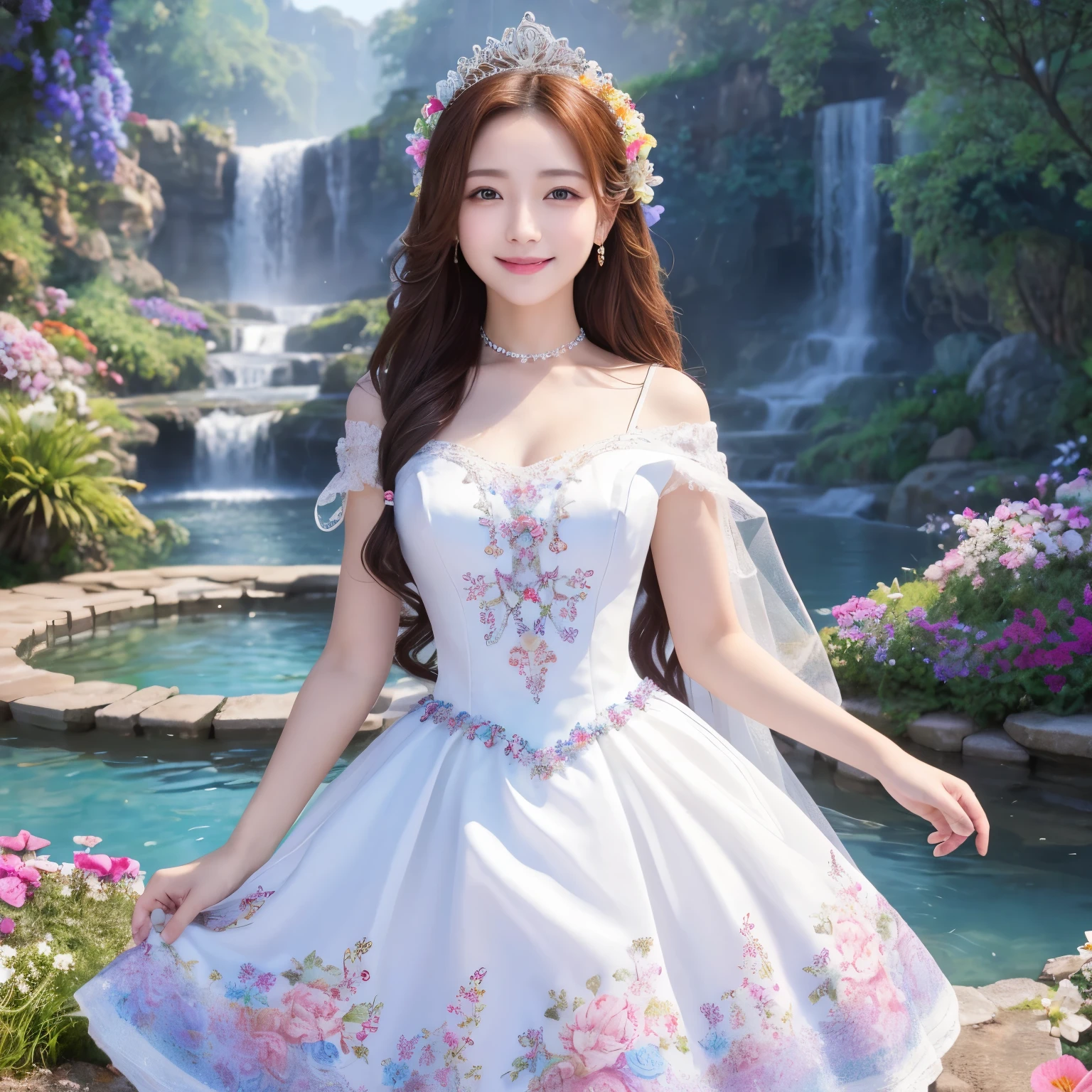 (highest quality、table top、8k、best image quality、hyper realism)、Princess、highly detailed face、upper body photo、(look at me最大の笑顔、the happiest smile), look at me、long hair fluttering in the wind, (Colorful flower garden、colorful flower garden in heaven), (The finest pure white princess dress:1.1)、accurate anatomy、fairy tale atmosphere、fairy tale sparkle、sacred waterfall、very clear beautiful water、sparkling beautiful water、beautiful colorful flowers、(A paradise filled with all the mysteries of beautiful nature、A treasure trove of beautiful nature、mysterious and fantastic heaven)、radiant beautiful skin、(very bright and vivid:1.1)、(Super high-definition beautiful skin that shines brightly;1.1)