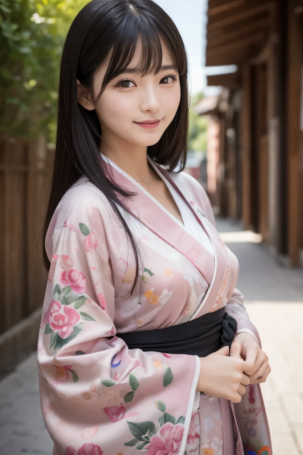 (1人の女性、japanes、20yr old、Refreshing、unclear、Gentle、stylish、attractive narrow eyes、wretched、天使のようにcute little、cute little、A little chubby、Black eyes、idol,女優、huge tit,Sagging milk）,(large drooping breasts).(very cute)、(A dark-haired),mesmerizing eyes、(in 8K、Raw photography、top-quality、​masterpiece:1.2、optimal lighting)、masterpiece,(Photos taken by professional photographers),(realisitic、フォトrealisitic:1.37),break,{Cute Japanese kimono with pink pattern:1.4}, (portrait),Hand between legs,shy smile,facial close-up