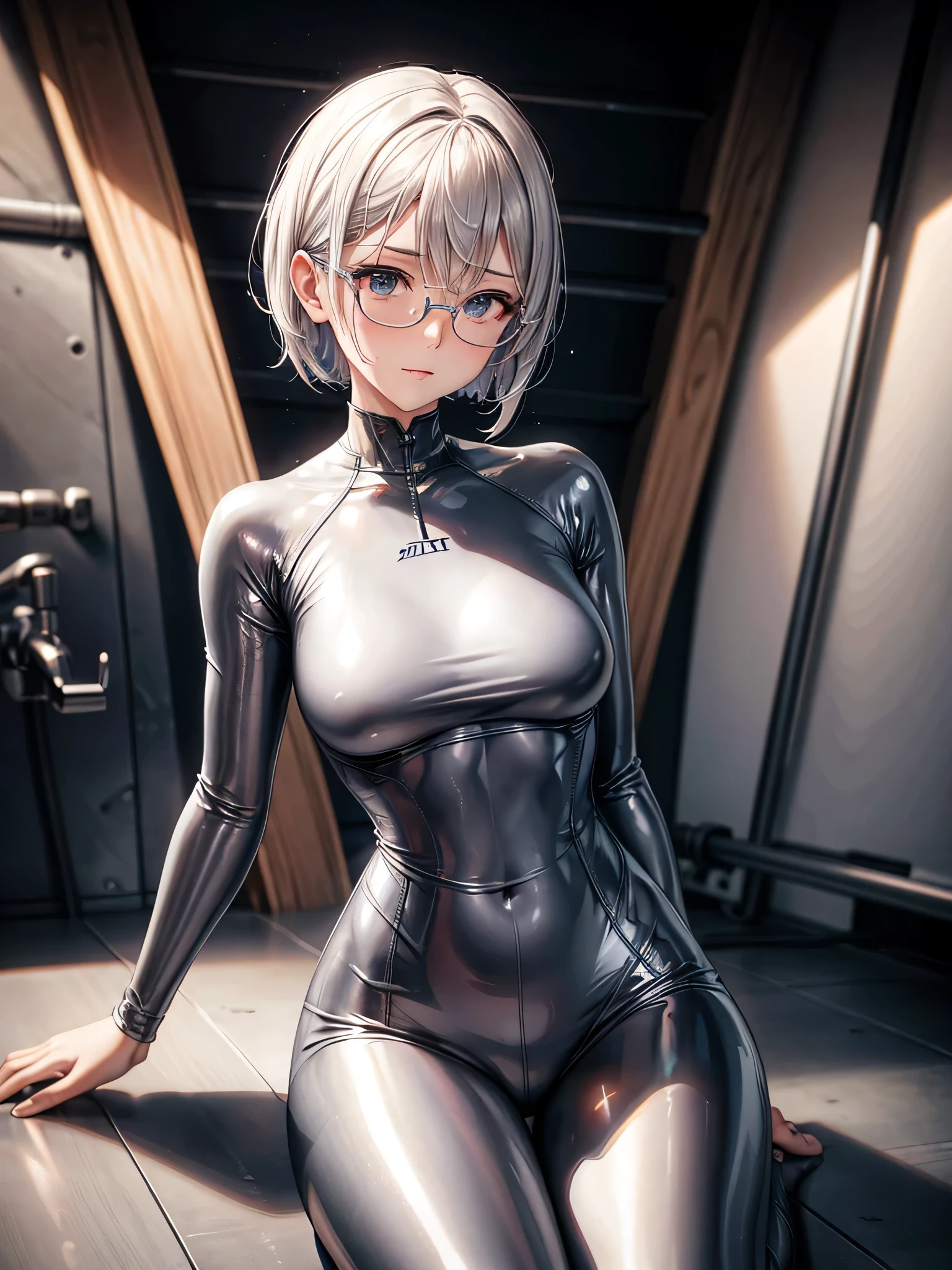 Top quality 8K UHD、short hair、pieces fly、sit cross-legged、crotch opening、silver hair、Glasses、Upper body、Full body gloss、Beautiful woman wearing a full body silver metallic suit、A silver rubber suit that hides your lustrous skin