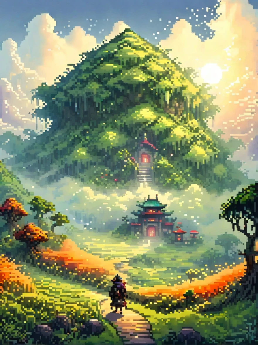 (pixel art:1.5),foggy field, trees, ((giant creature1.5)), ((enveloped by fog:1.5)), horizon, unclear shape, towering, city skyline, small humans, mystery, awe, natural landscape, fantastical, eerie, captivating, dawn, dusk, mystical quality, vastness, minuteness, known world, unknown, nature, civilization, subdued colors, ethereal, silhouette, soft light, sky, photo real, Shot on a 50mm lens, classic composition, masterpiece, exquisite, color correction, amazing visual effects, crazy details, intricate details, sharp focus, super high effect,(UHD, masterpiece, ccurate, anatomically correct, textured skin, high details, high quality, award winning, 8k), ((super high saturation, extremely bright and bright colors),whole body,ultra wide angle lens,