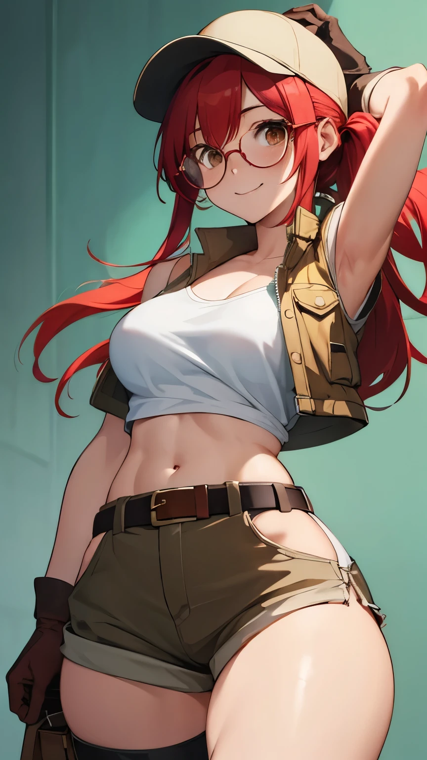 (art, best quality: 1.2), illustration, 8K, high definition, 1, alone, torso, (portrait: 1.2), large breasts, circular glasses, has, upper cut, belly, gloves, navel, baseball cap, opening between thighs, high knee protectors, short shorts, ponytailed hair, boots, brown eyes, brown shorts, belt, smile, package, brown belt, red hair, hip opening, vests, long hair, vest,