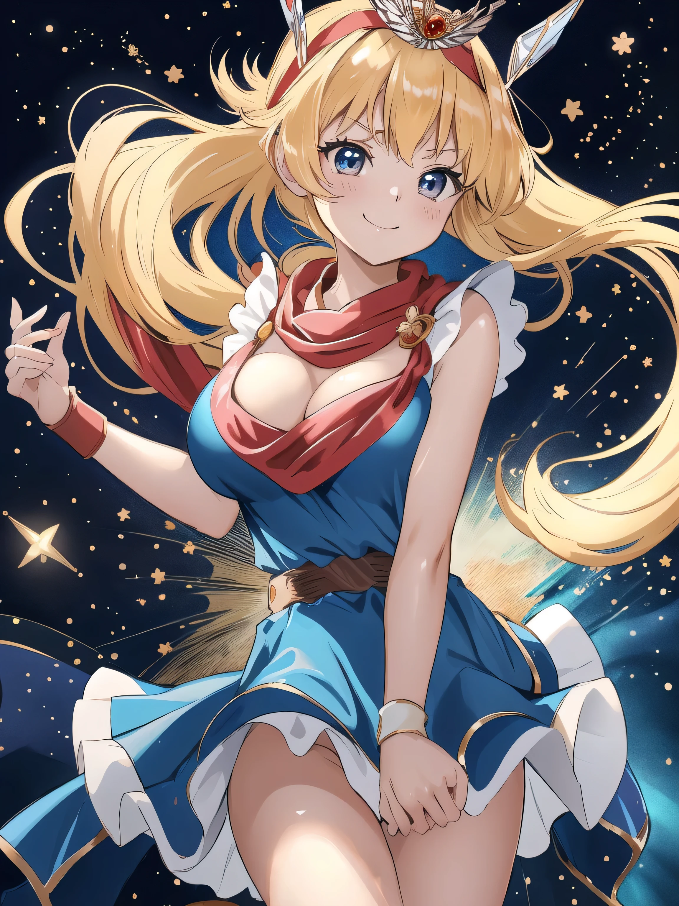 masterpiece,最high quality,NSFW,official style,official art,anime coloring book,high quality＿Anime image quality, High resolution, 8k, wallpaper,Super detailed,perfect eyes,perfect face,(beautiful face:1.2),shiny skin,focus on the chest, ((magic princess, sleeveless blue dress,blue mini skirt,hair band,pauldron,boots,red scarf,tiara,white shoes,)),1 girl, alone, blonde hair,long hair, brown eyes, big breasts,(huge breasts:1.6, small乳首、accurate and detailed、small乳輪、accurate and detailed)、(show off panties, small, get used to it), smile, full body shot, battle pose, (open your legs:1.5), (forest background,), remove color noise,